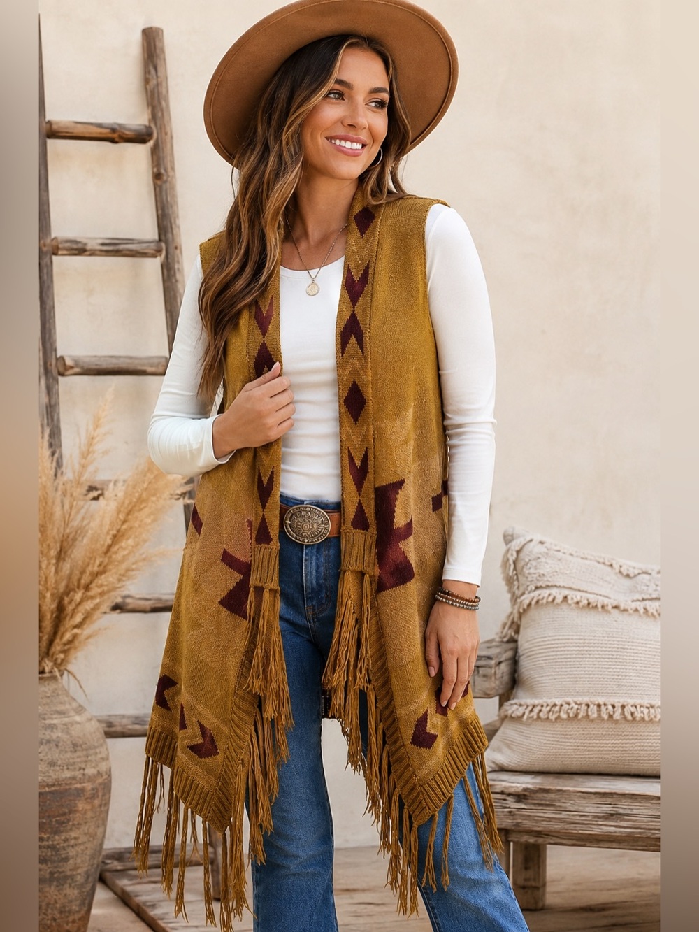 Cato Southwestern Aztec Knit Fringe Vest Women’s M